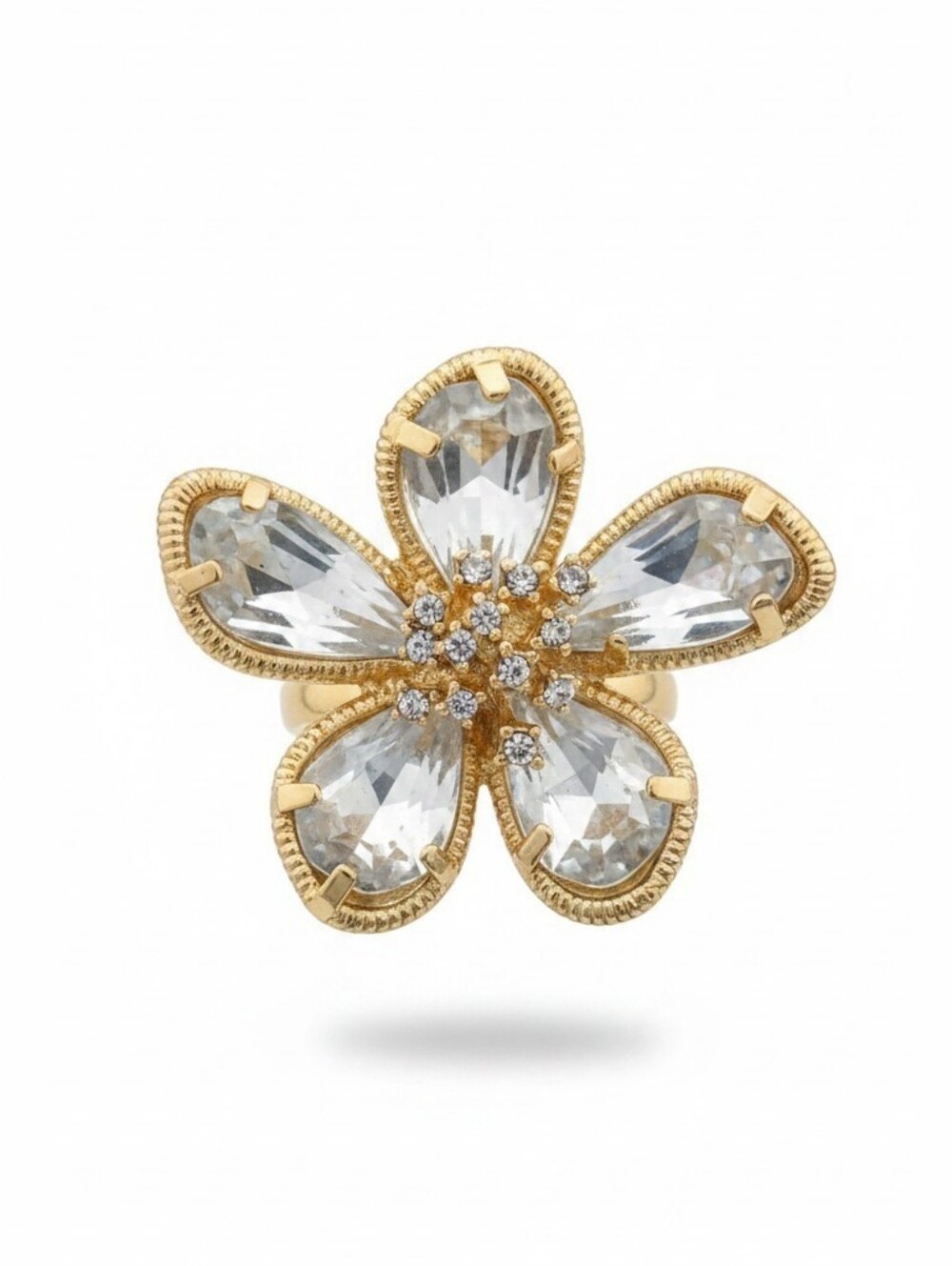 EYE CANDY NWT Gold Flower Cocktail Ring with Gray Crystal Petals - Picture 4 of 4